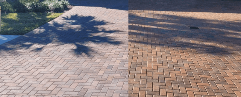 Before and after example showing the appearance of sealed pavers