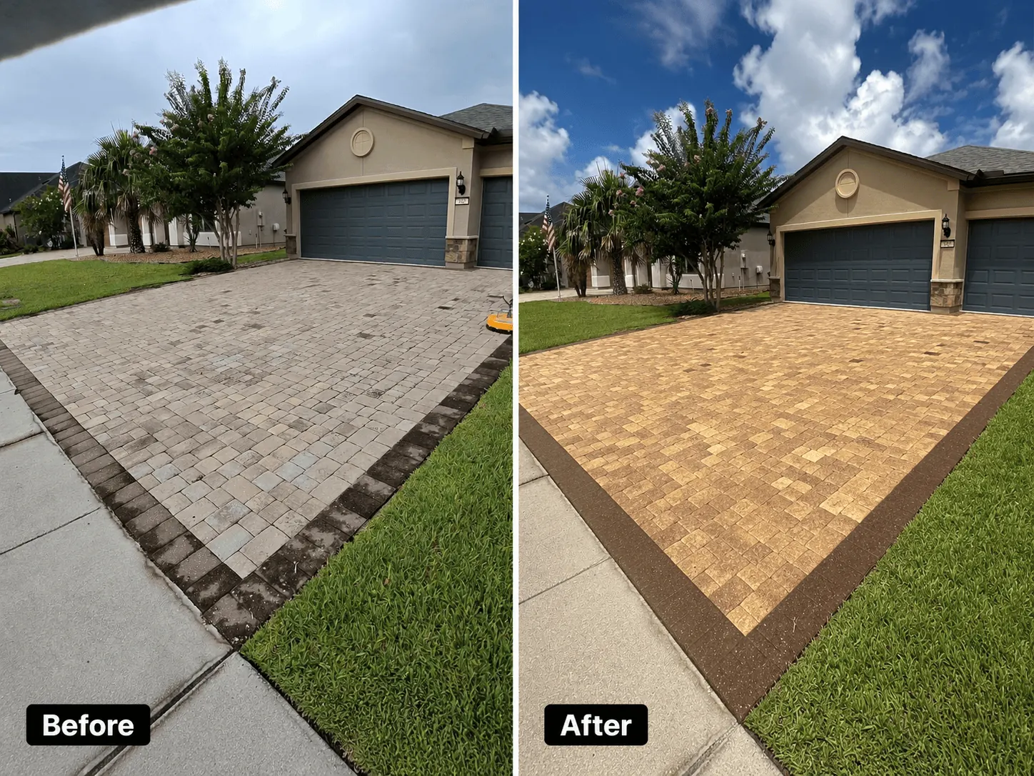 Before and after paver restoration on a Northeast Florida driveway