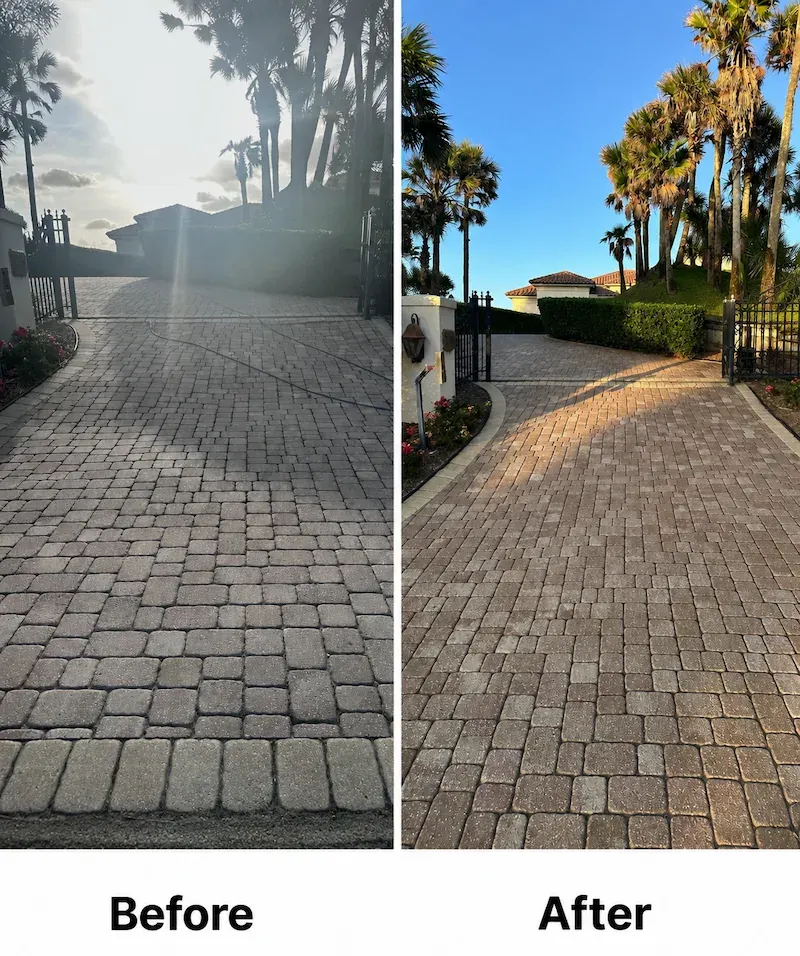 Ponte Vedra driveway before and after paver restoration and sealing