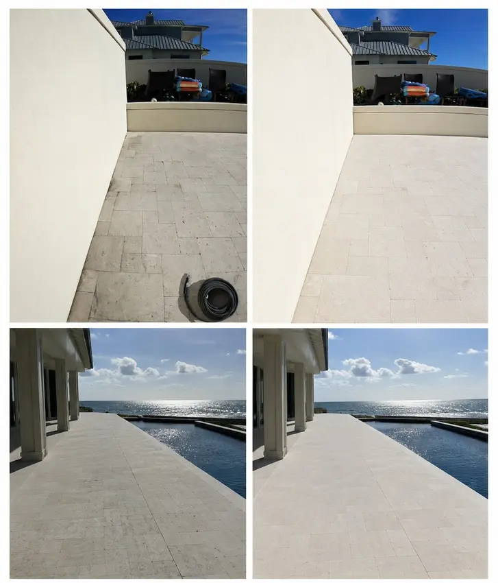 Before and after travertine cleaning and sealing in Ponte Vedra, Florida