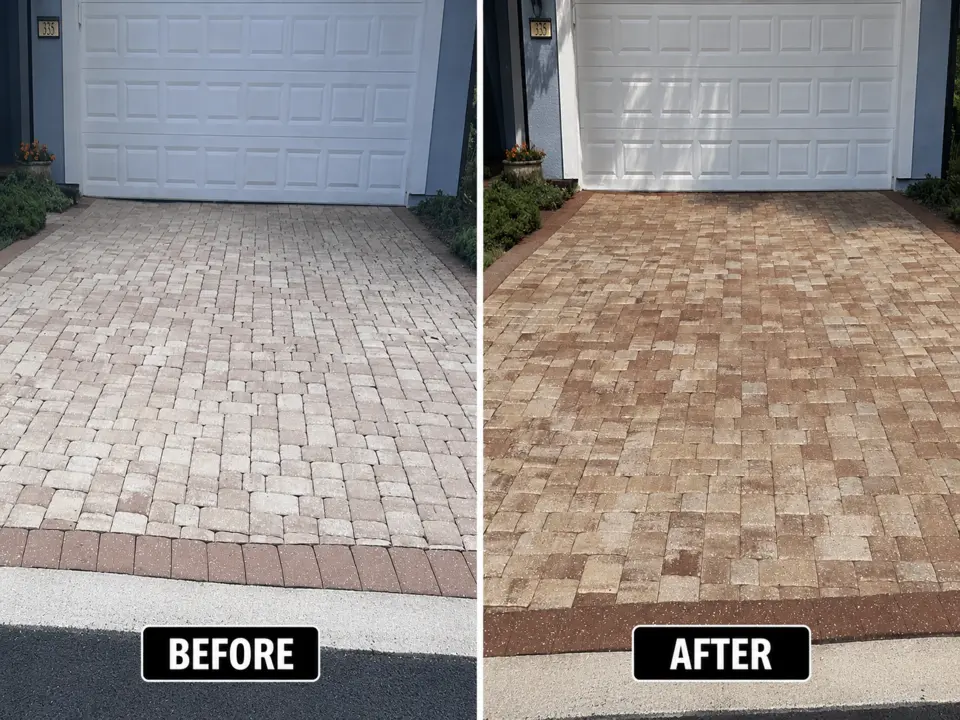 Before and after professional driveway paver cleaning and sealing